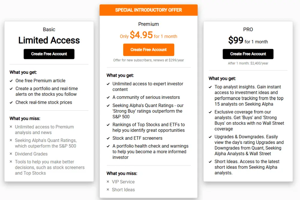 Seeking Alpha Compare Plans